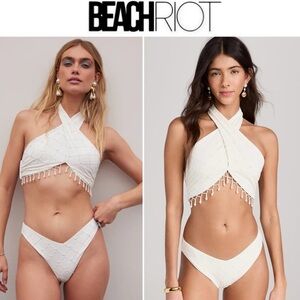 BEACH RIOT Jessica Studded Top Vanessa High Cut Bikini Bottom in Ivory Pearl NWT